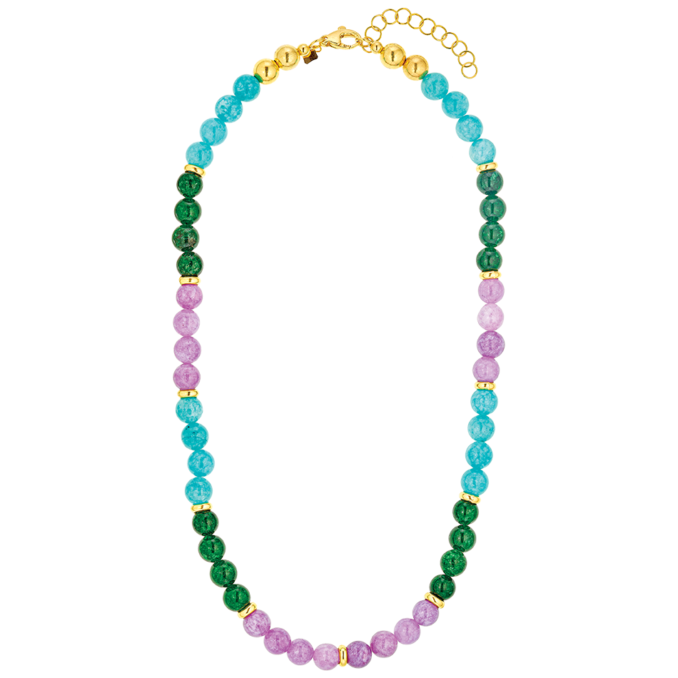 Necklace with shiny beads in turquoise green and purple from the